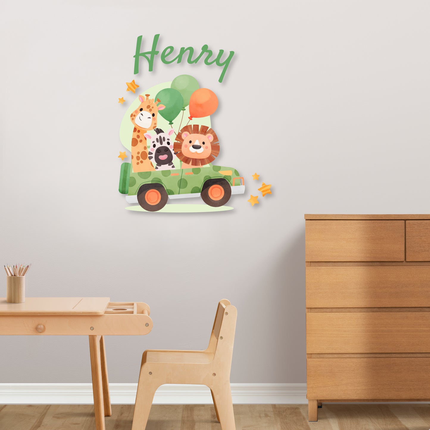 Custom Wall Decals - Custom Name Jungle Safari Wall Decal: Lion, Giraffe, Zebra in a Green Car with Balloons