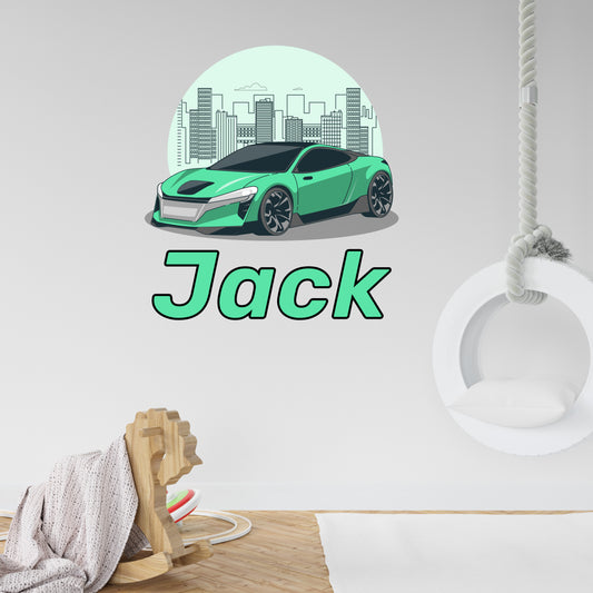 Custom Wall Decals - Custom Name Green City Drive Wall Decal: Green Sports Car with Cityscape Background