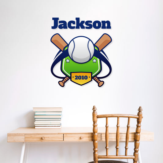 Custom Wall Decals - Custom Name Baseball Play Wall Decal: Ball, Bats, Baseball Diamonds, Text (Year)