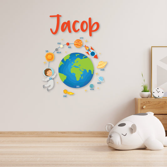 Custom Wall Decals - Custom Name Astronaut Adventure Wall Decal: Earth, Astronaut Kid, Planets, Stars, Comet, and Rocket