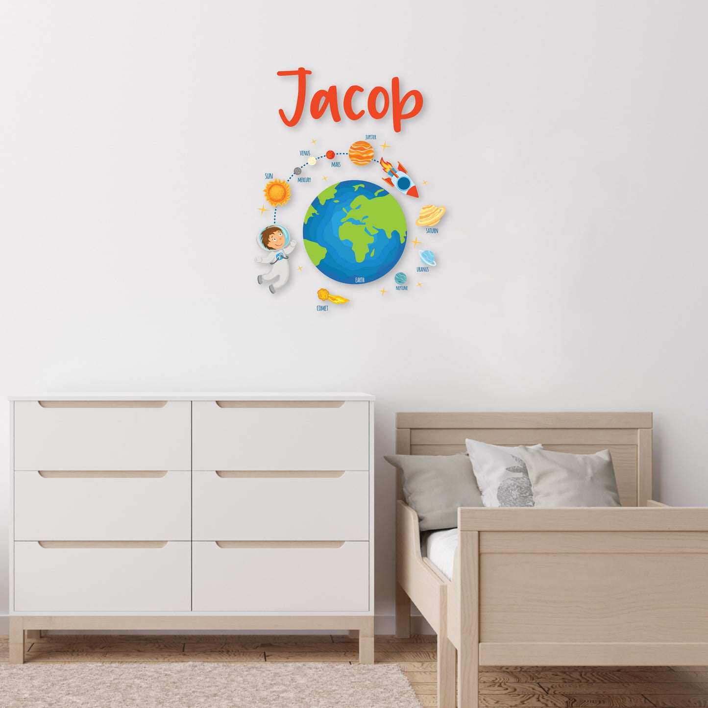 Custom Wall Decals - Custom Name Astronaut Adventure Wall Decal: Earth, Astronaut Kid, Planets, Stars, Comet, and Rocket