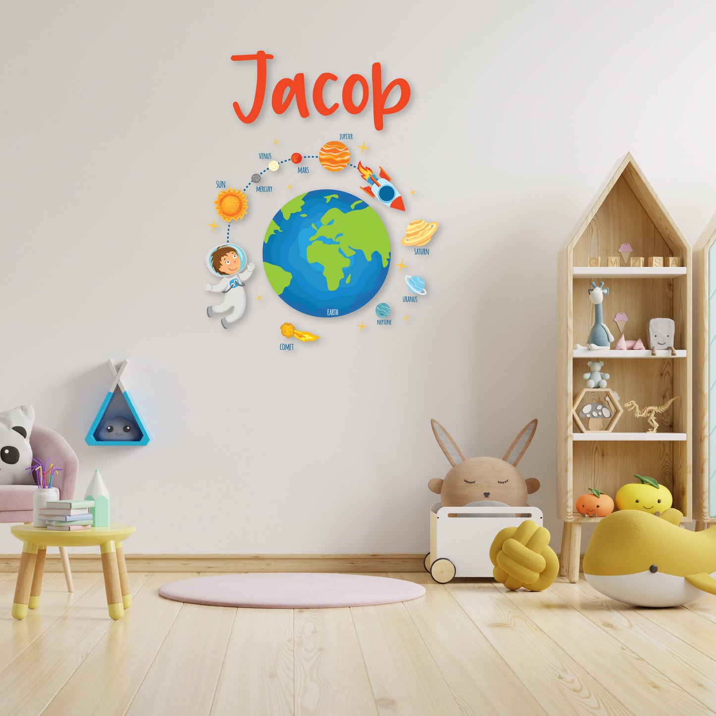 Custom Wall Decals - Custom Name Astronaut Adventure Wall Decal: Earth, Astronaut Kid, Planets, Stars, Comet, and Rocket