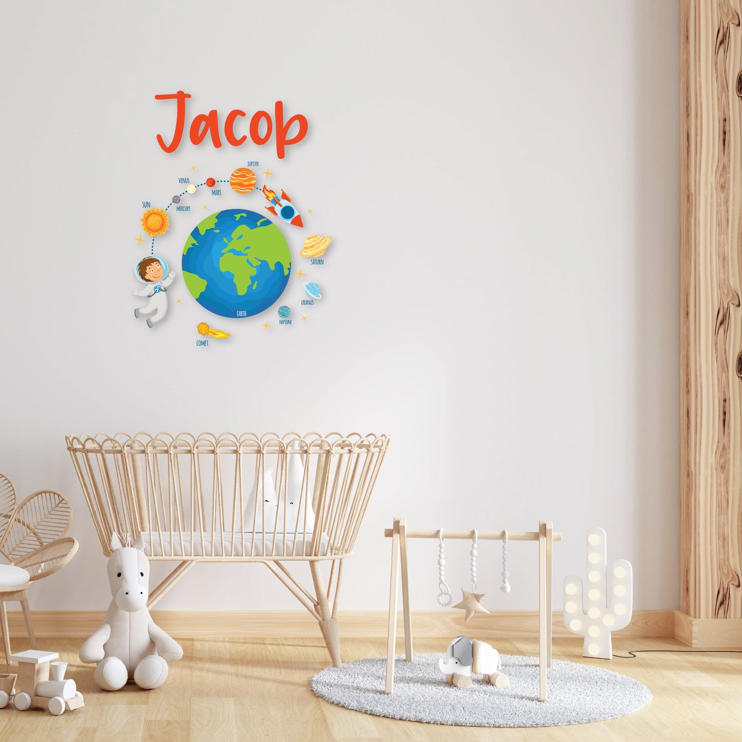 Custom Wall Decals - Custom Name Astronaut Adventure Wall Decal: Earth, Astronaut Kid, Planets, Stars, Comet, and Rocket