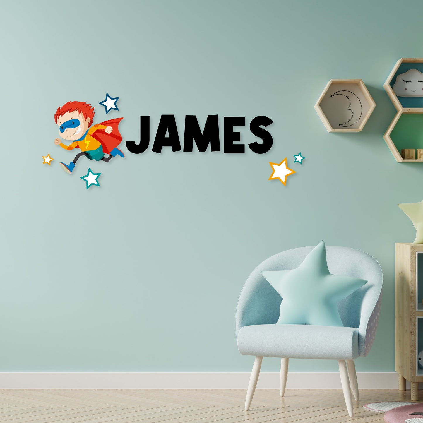 Custom Wall Decals - Custom Name Superhero Kid Wall Decal: Kid Superhero with Stars