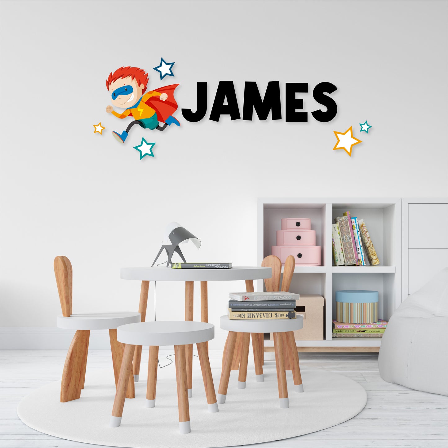 Custom Wall Decals - Custom Name Superhero Kid Wall Decal: Kid Superhero with Stars