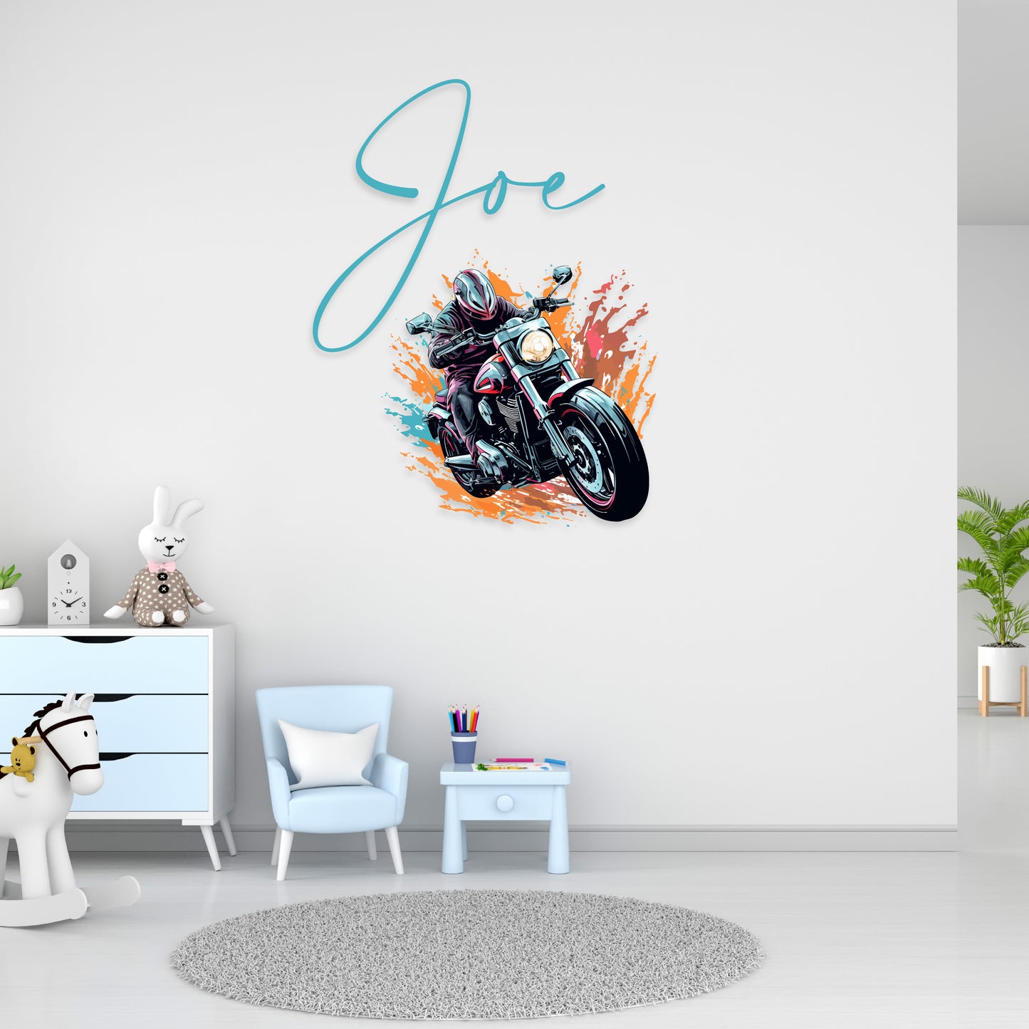 Custom Wall Decals - Custom Name Motorcycle Splash Wall Decal: Motorcyclist, Paint Splash Background