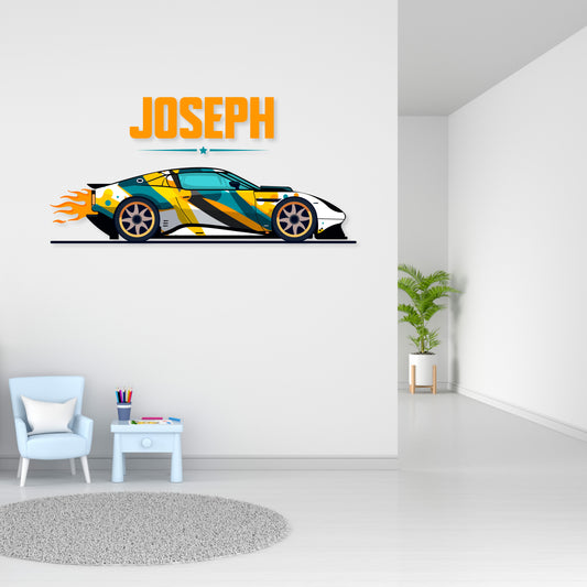 Custom Wall Decals - Custom Name Colorful Sports Car Wall Decal: White Sports Car with Colorful Stripes