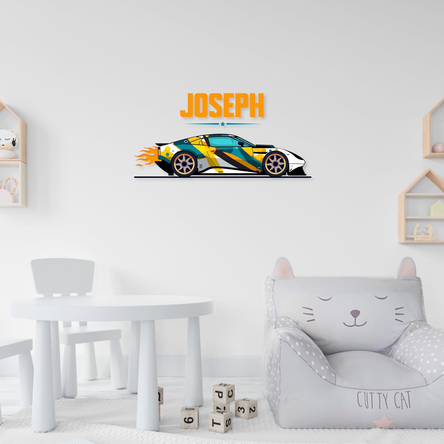 Custom Wall Decals - Custom Name Colorful Sports Car Wall Decal: White Sports Car with Colorful Stripes