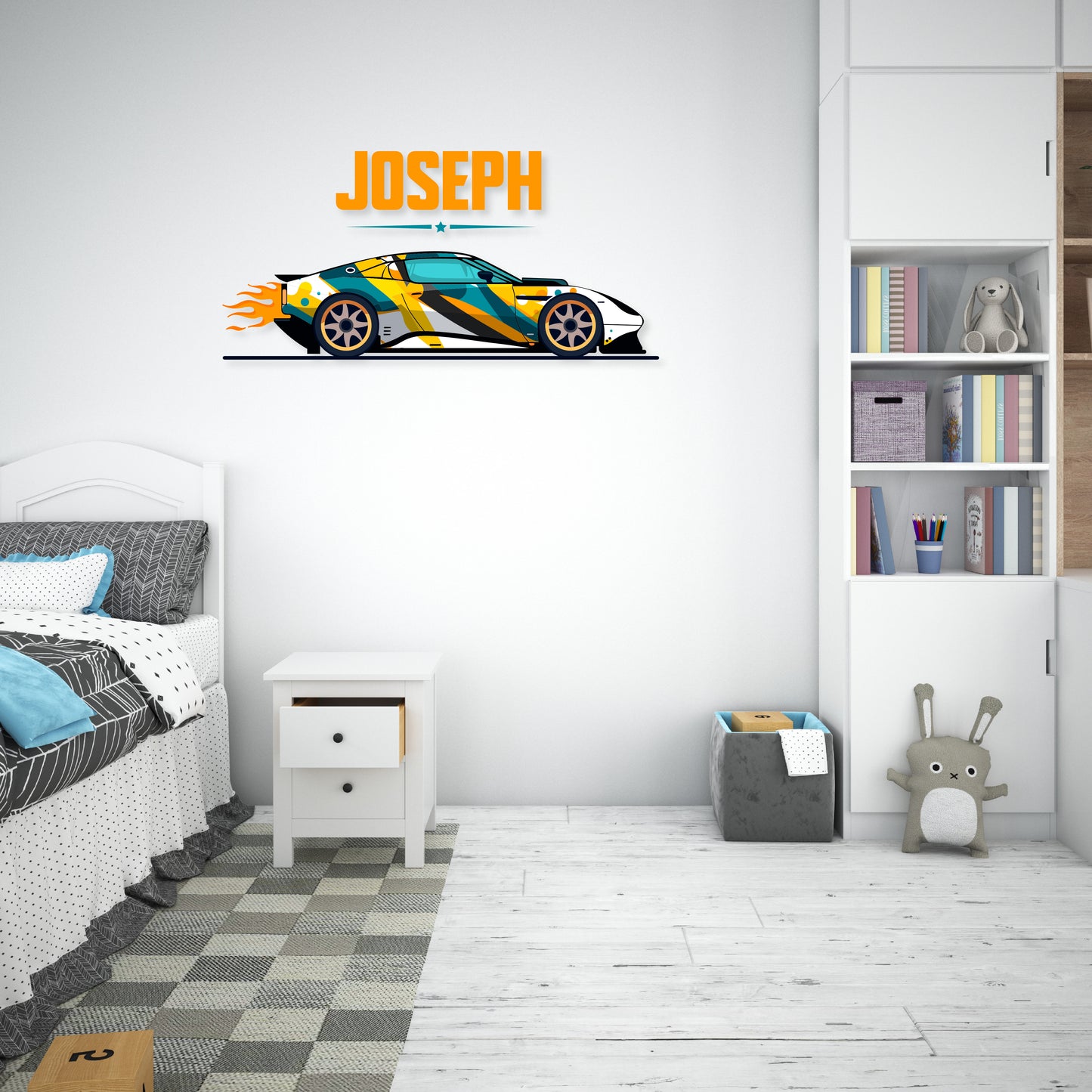 Custom Wall Decals - Custom Name Colorful Sports Car Wall Decal: White Sports Car with Colorful Stripes