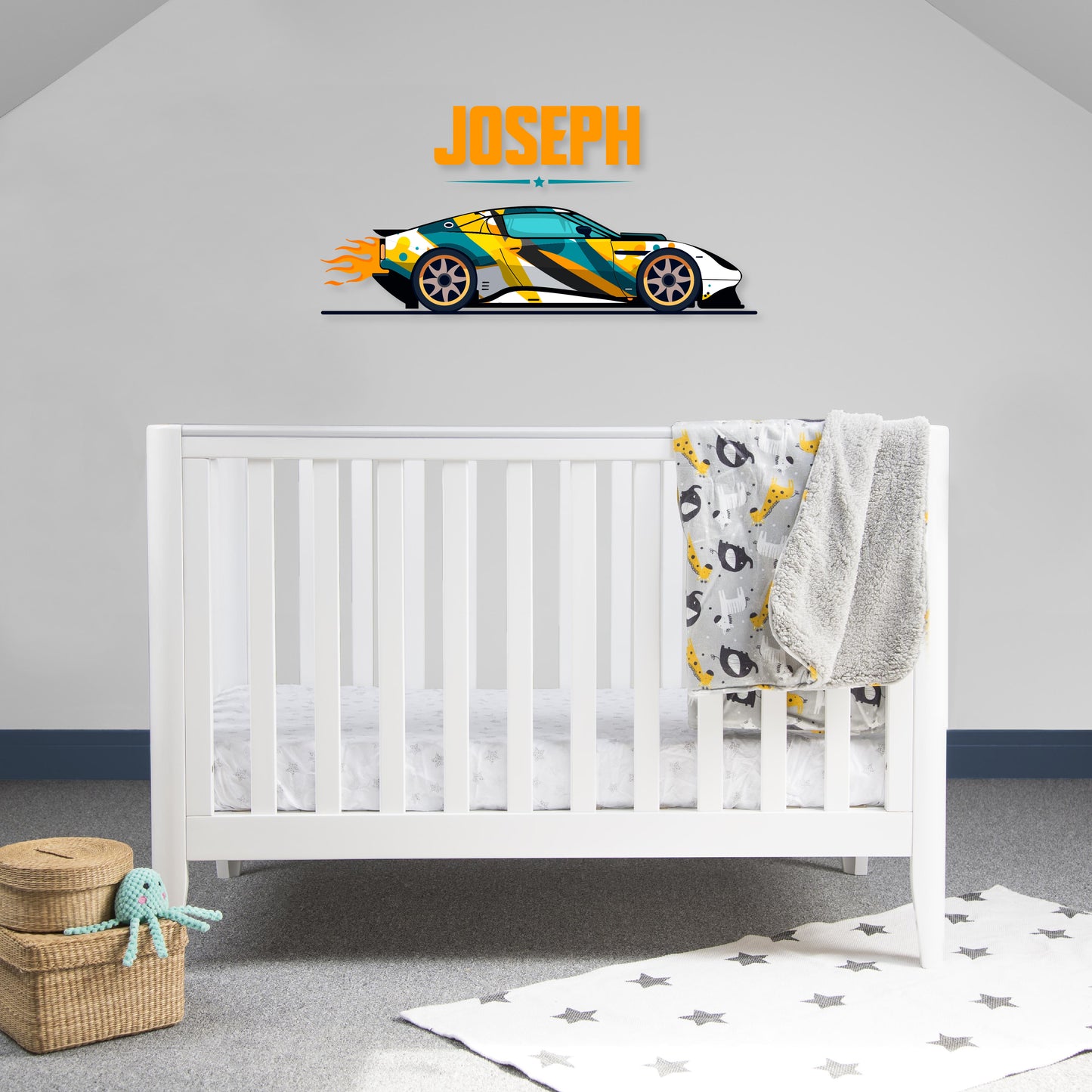 Custom Wall Decals - Custom Name Colorful Sports Car Wall Decal: White Sports Car with Colorful Stripes