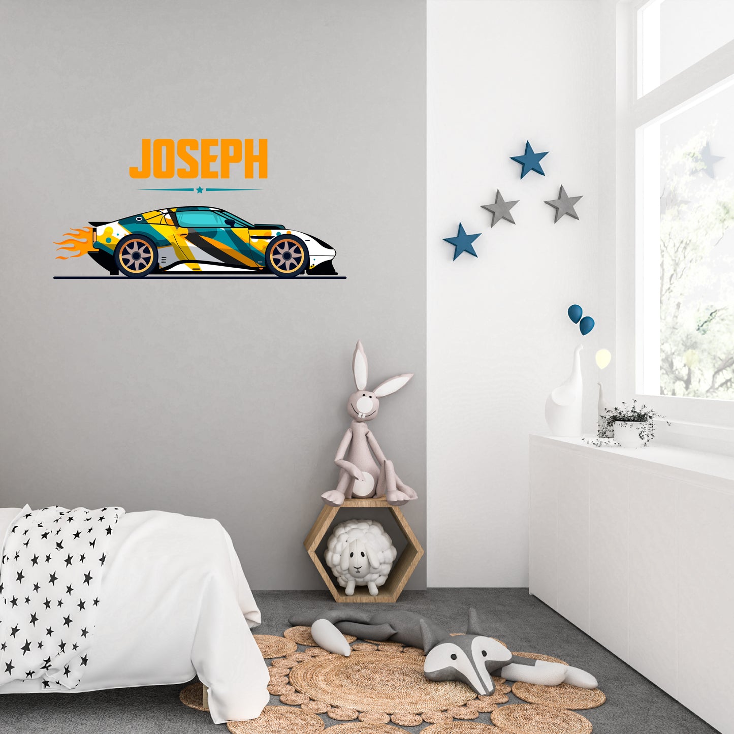 Custom Wall Decals - Custom Name Colorful Sports Car Wall Decal: White Sports Car with Colorful Stripes