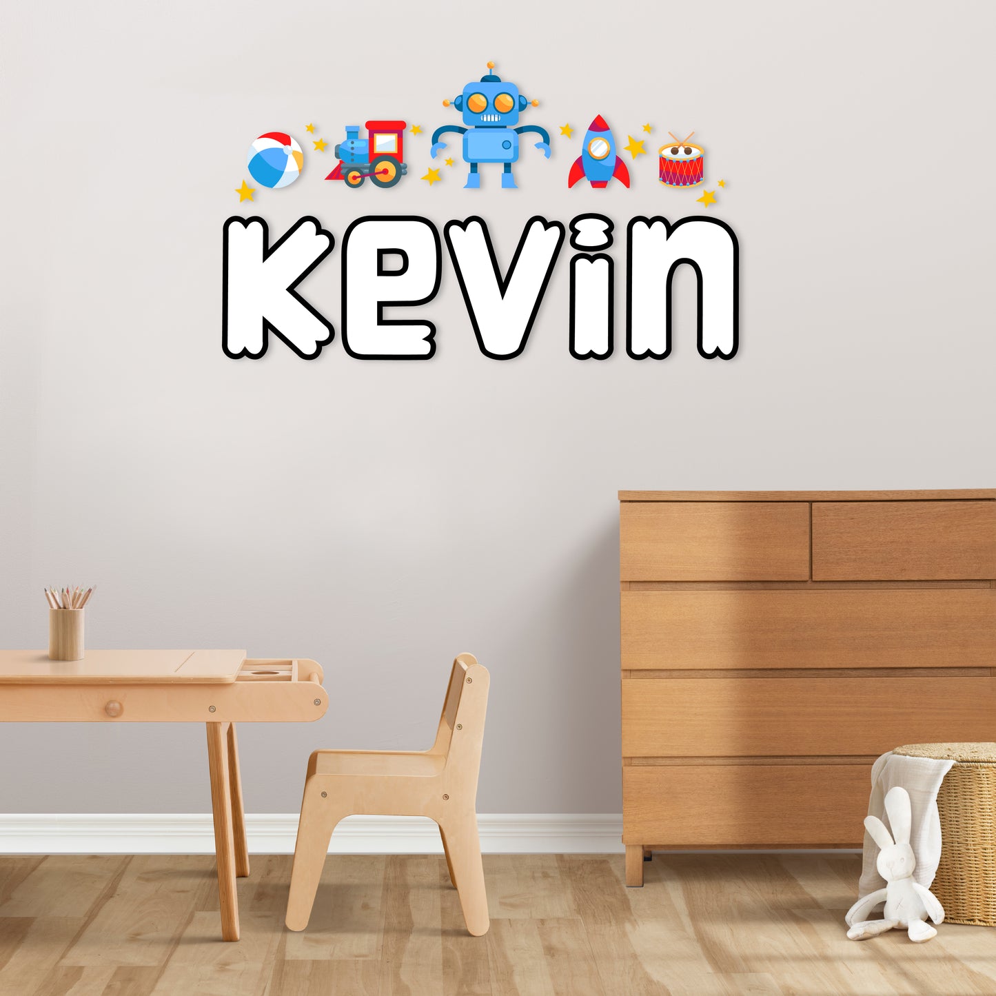 Custom Wall Decals - Custom Name Beach Adventure Wall Decal: Beach Ball, Train, Robot, Rocket, Drum