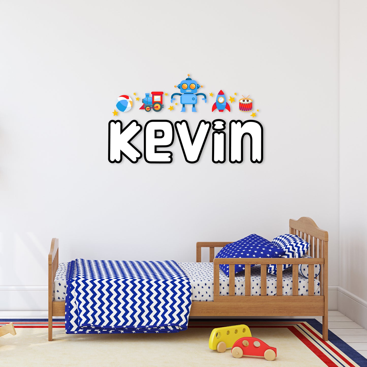 Custom Wall Decals - Custom Name Beach Adventure Wall Decal: Beach Ball, Train, Robot, Rocket, Drum