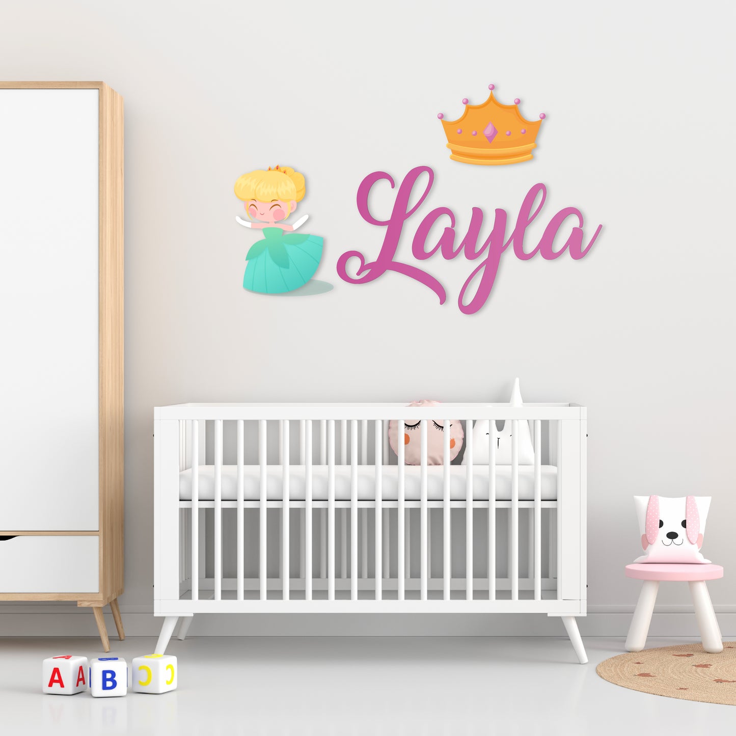 Custom Wall Decals - Custom Name Princess Crown Wall Decal: Princess in a Green Dress