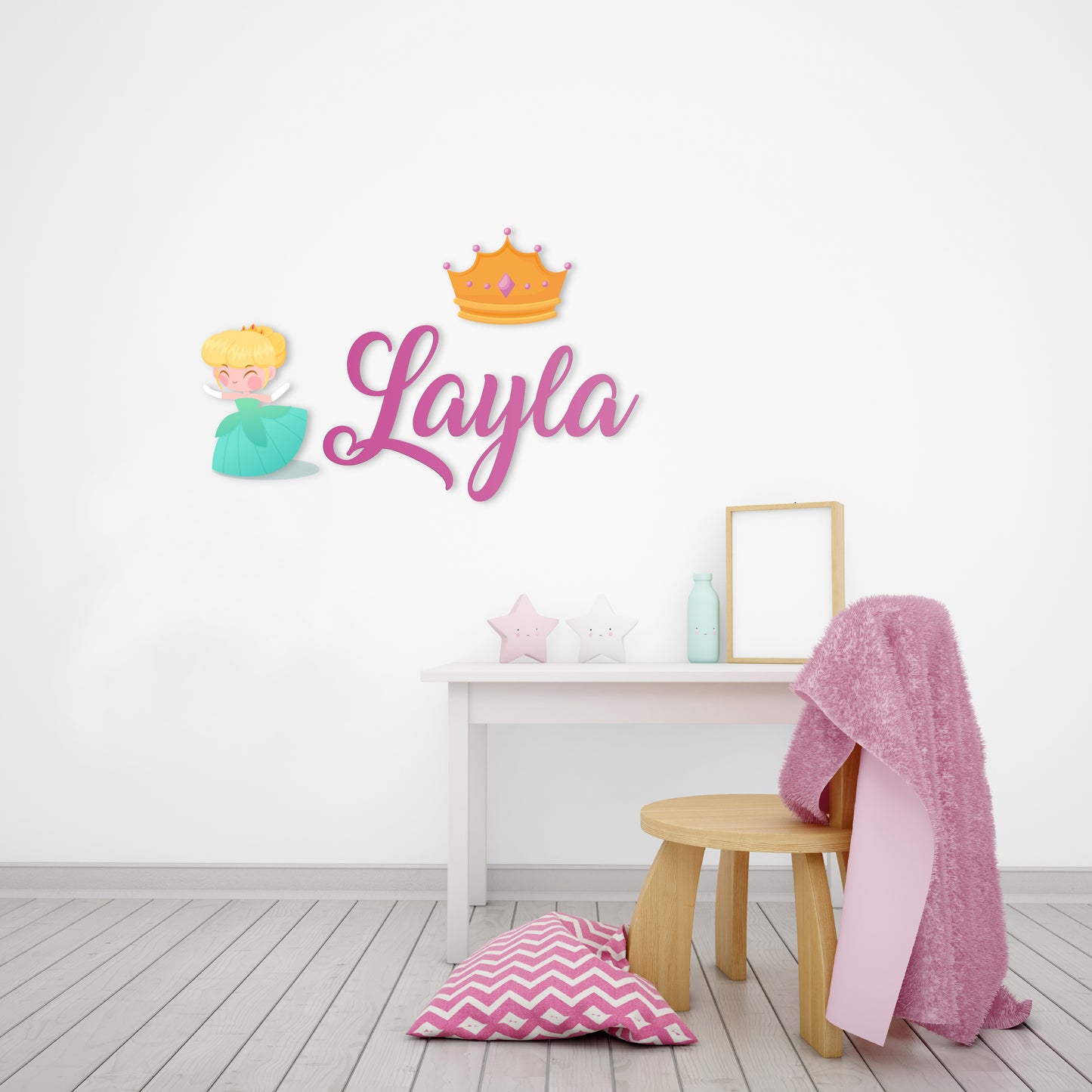 Custom Wall Decals - Custom Name Princess Crown Wall Decal: Princess in a Green Dress