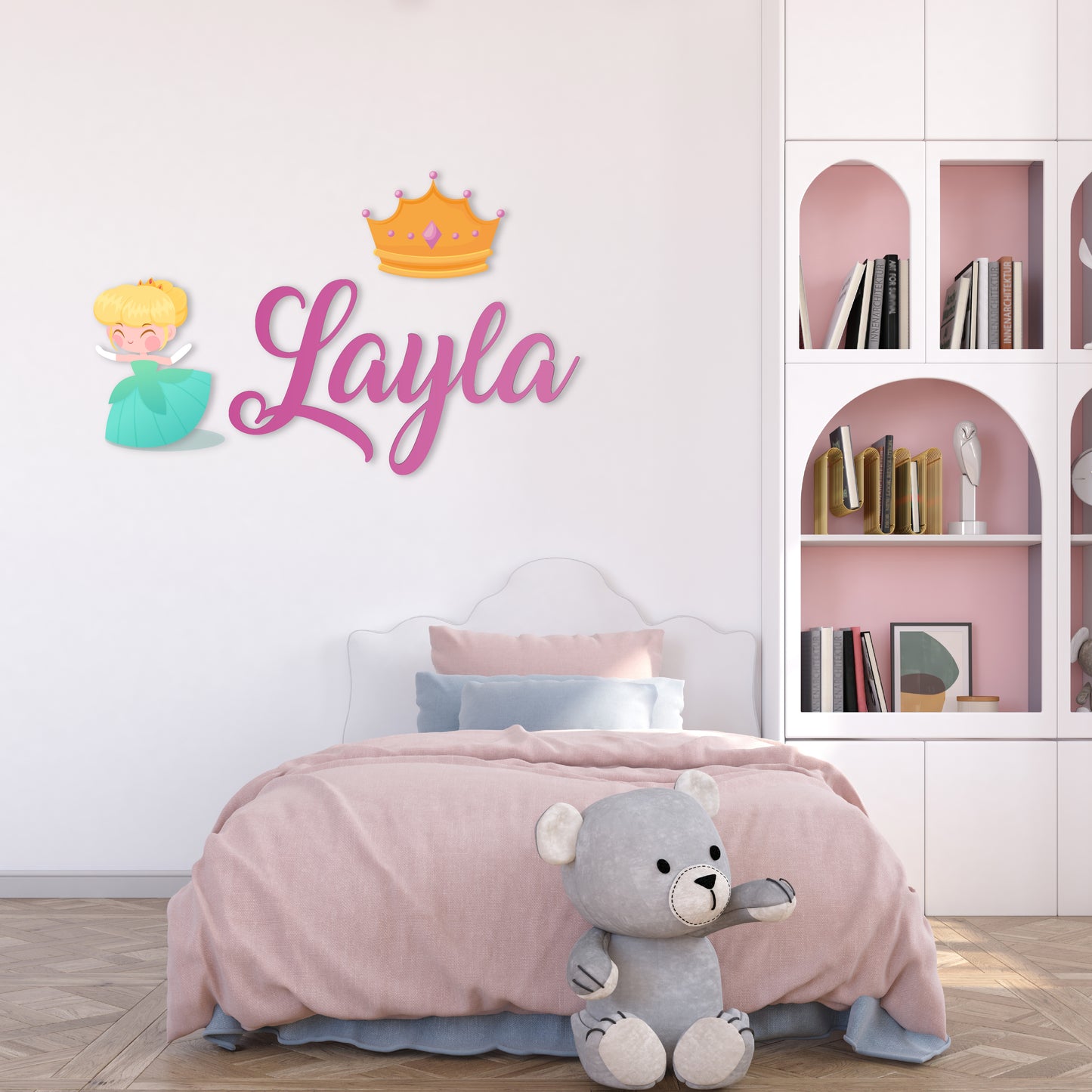 Custom Wall Decals - Custom Name Princess Crown Wall Decal: Princess in a Green Dress