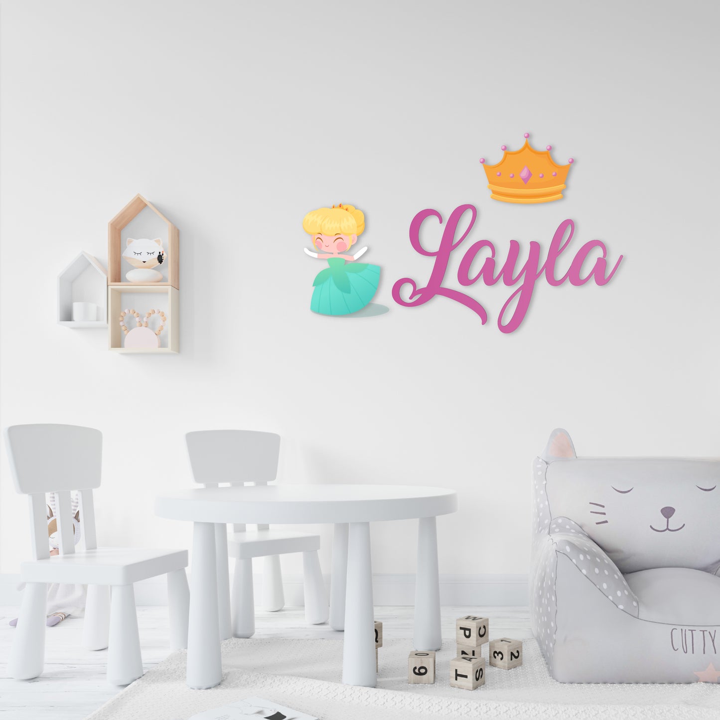 Custom Wall Decals - Custom Name Princess Crown Wall Decal: Princess in a Green Dress