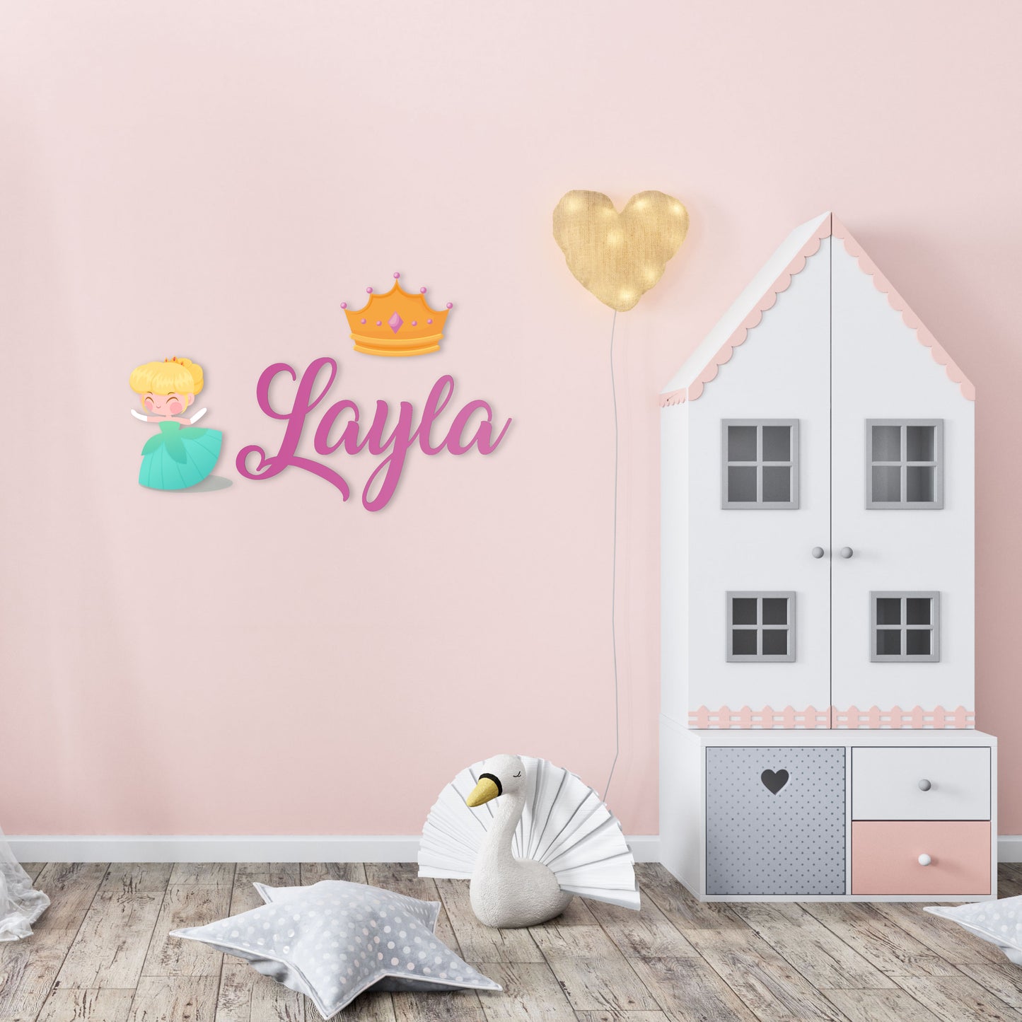 Custom Wall Decals - Custom Name Princess Crown Wall Decal: Princess in a Green Dress