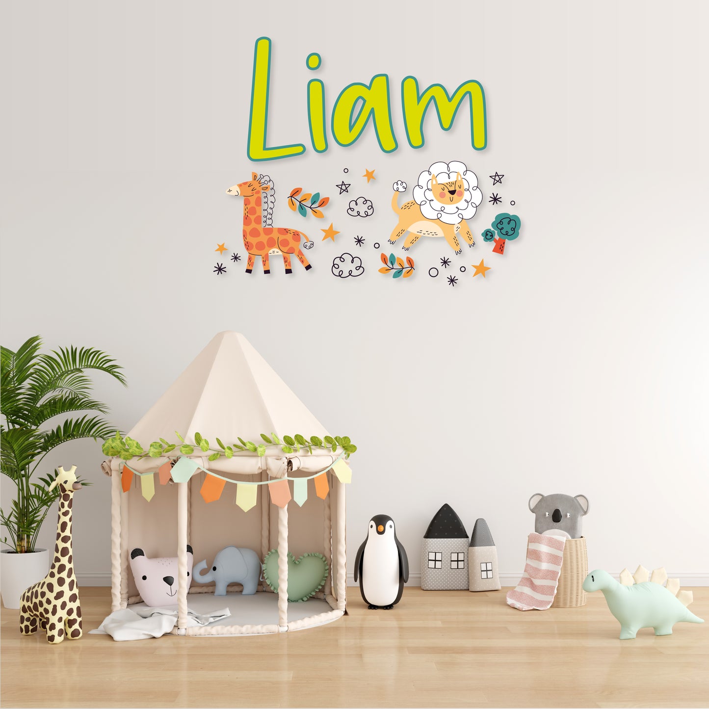 Custom Wall Decals - Custom Name Safari Night Wall Decal: Giraffe, Lion, Plant, Stars, Clouds, and Tree