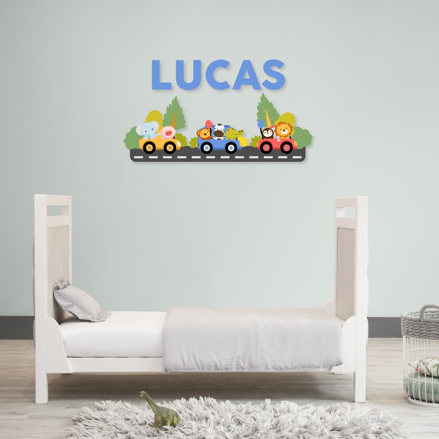 Custom Wall Decals - Custom Name Multicolored Animal Caravan Wall Decal: Animals in Colorful Cars (Yellow, Blue, Red)