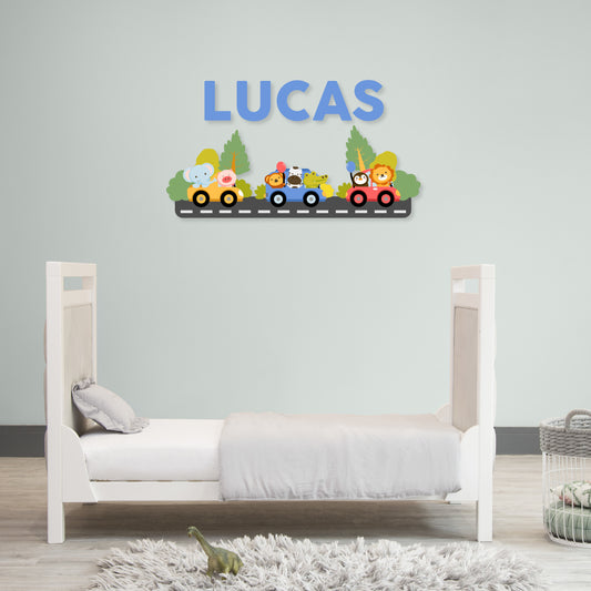 Custom Wall Decals - Custom Name Multicolored Animal Caravan Wall Decal: Animals in Colorful Cars (Yellow, Blue, Red)