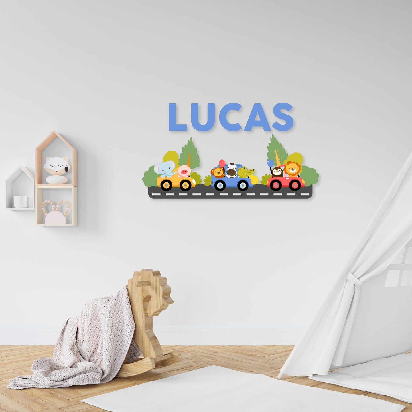 Custom Wall Decals - Custom Name Multicolored Animal Caravan Wall Decal: Animals in Colorful Cars (Yellow, Blue, Red)