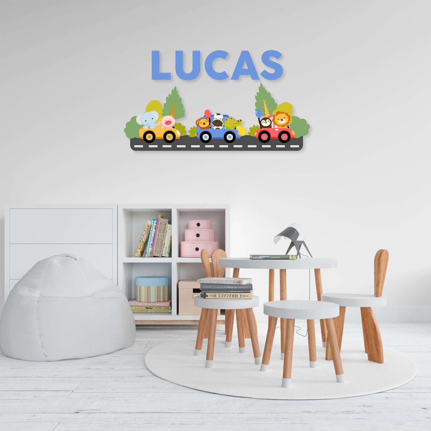 Custom Wall Decals - Custom Name Multicolored Animal Caravan Wall Decal: Animals in Colorful Cars (Yellow, Blue, Red)