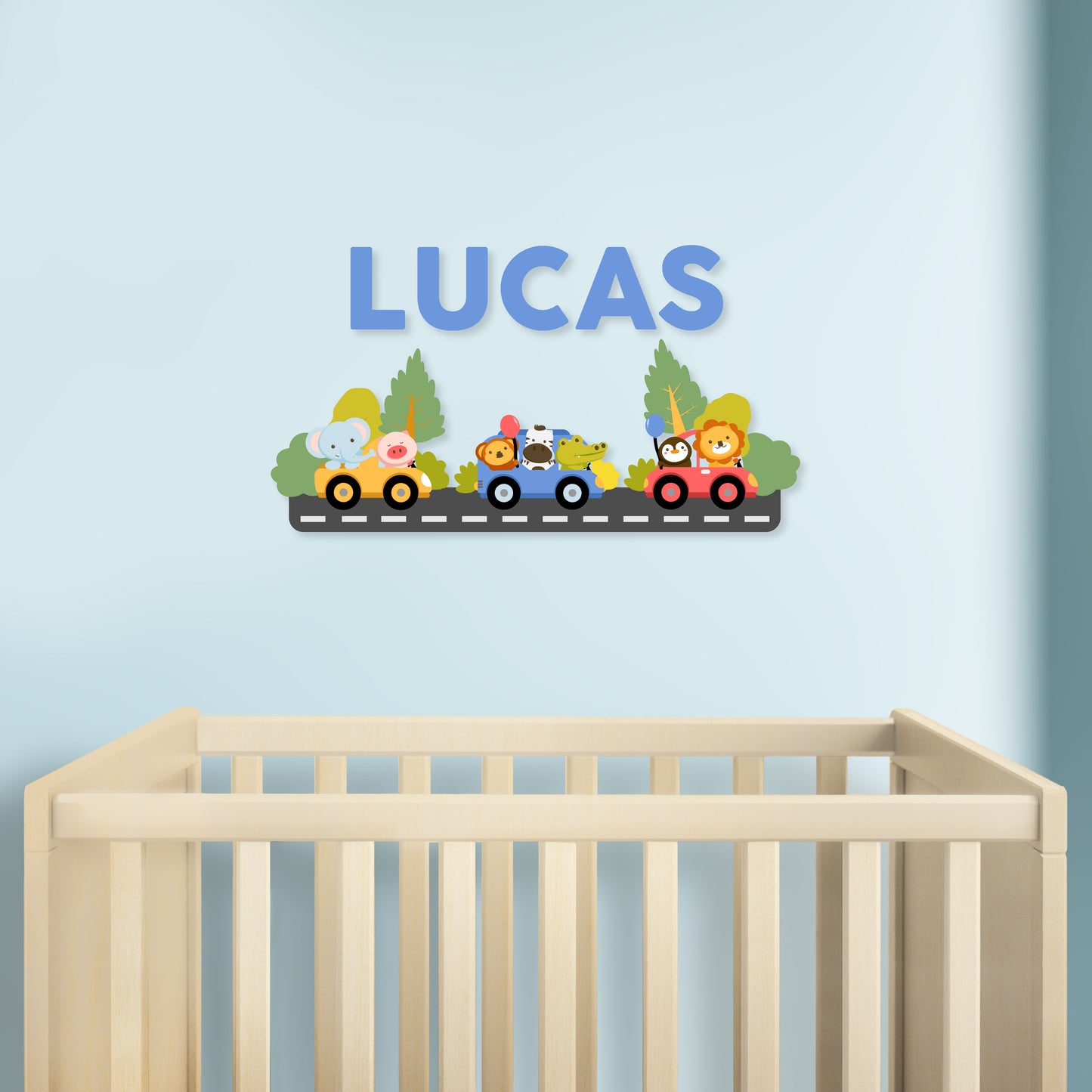 Custom Wall Decals - Custom Name Multicolored Animal Caravan Wall Decal: Animals in Colorful Cars (Yellow, Blue, Red)