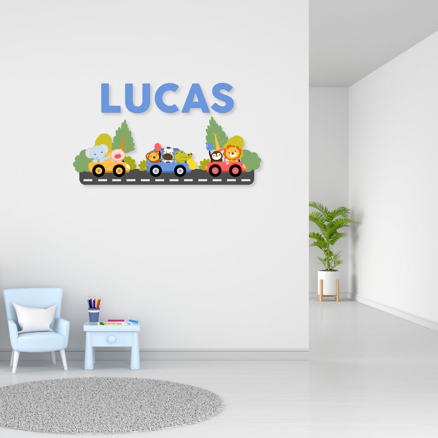 Custom Wall Decals - Custom Name Multicolored Animal Caravan Wall Decal: Animals in Colorful Cars (Yellow, Blue, Red)