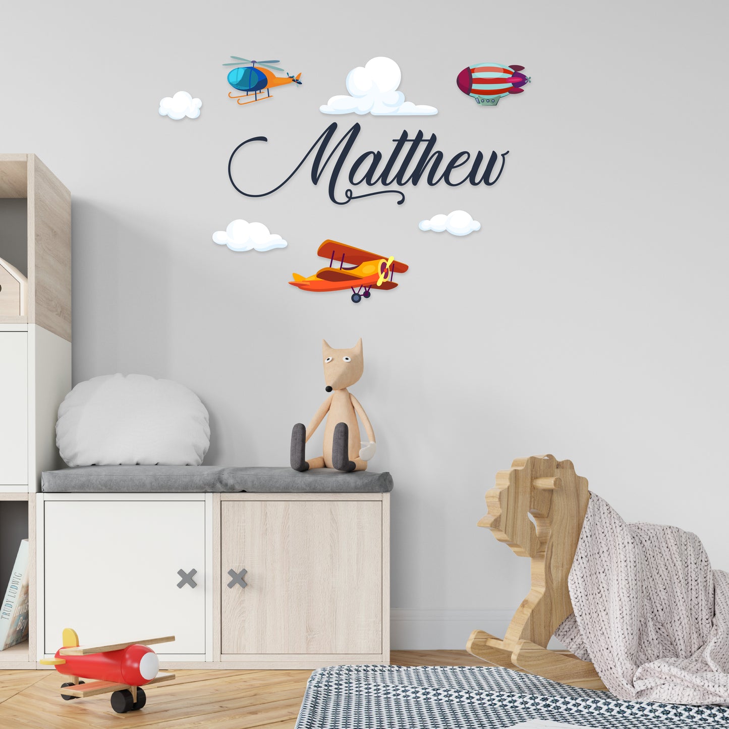 Custom Wall Decals - Custom Name Aviation Adventure Wall Decal: Plane, Helicopter, Airship, Clouds