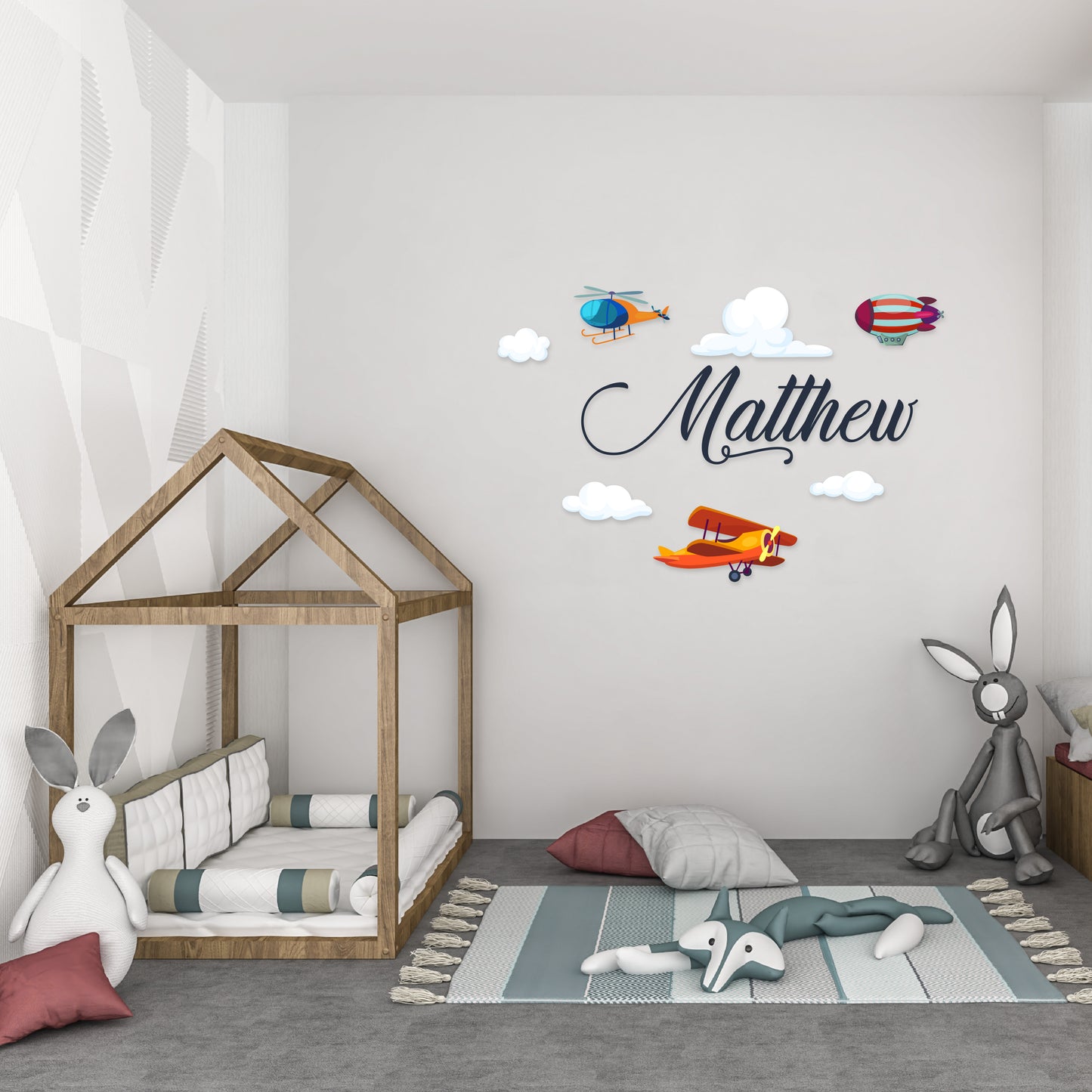 Custom Wall Decals - Custom Name Aviation Adventure Wall Decal: Plane, Helicopter, Airship, Clouds