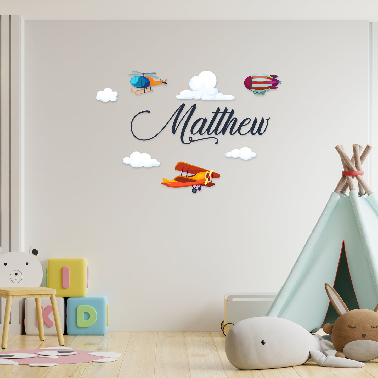 Custom Wall Decals - Custom Name Aviation Adventure Wall Decal: Plane, Helicopter, Airship, Clouds