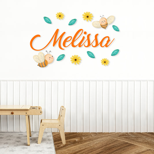 Custom Wall Decals -Custom Name Bee's Garden Wall Decal: Bees, Flowers, and Leaves