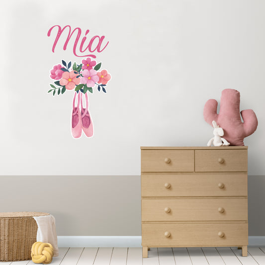 Custom Wall Decals - Custom Name Pink Ballet Wall Decal: Pink Flowers and Ballet Shoes