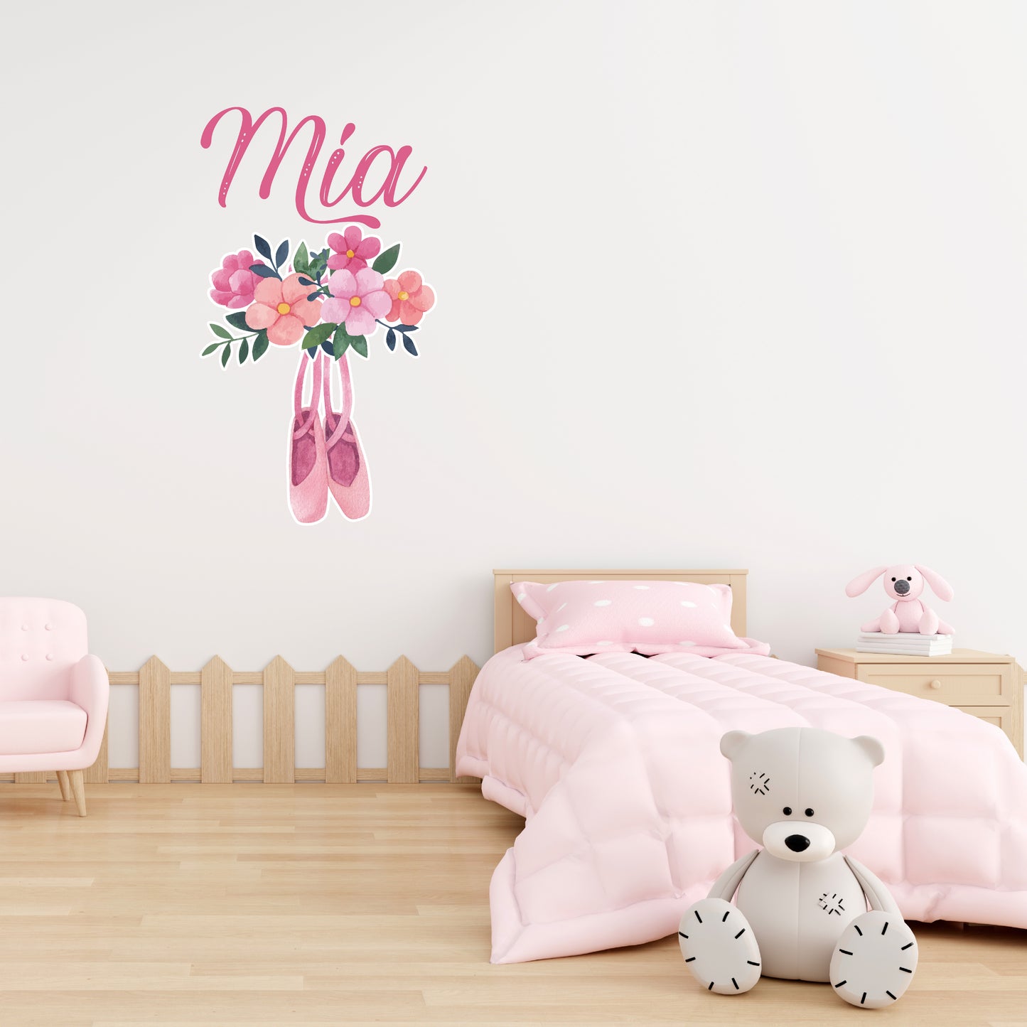 Custom Wall Decals - Custom Name Pink Ballet Wall Decal: Pink Flowers and Ballet Shoes