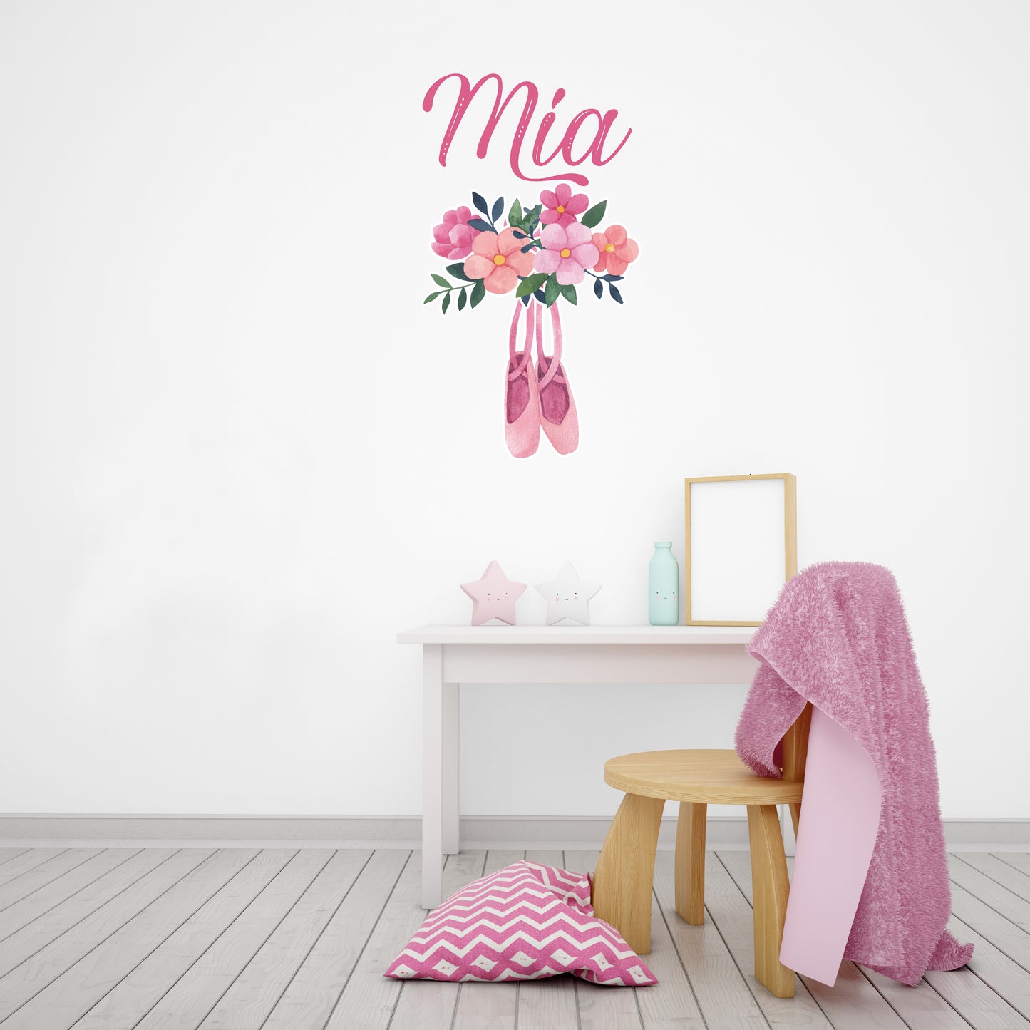 Custom Wall Decals - Custom Name Pink Ballet Wall Decal: Pink Flowers and Ballet Shoes