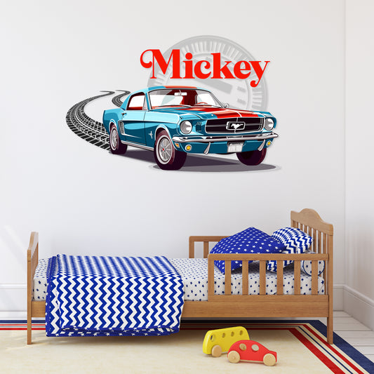 Custom Wall Decals - Custom Name Blue Mustang Wall Decal: Racing Through the Streets