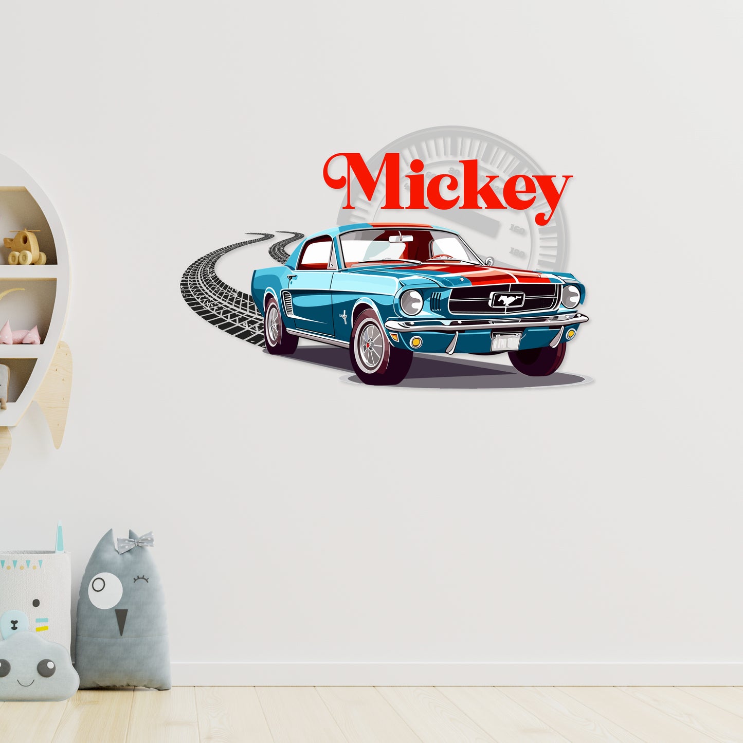 Custom Wall Decals - Custom Name Blue Mustang Wall Decal: Racing Through the Streets