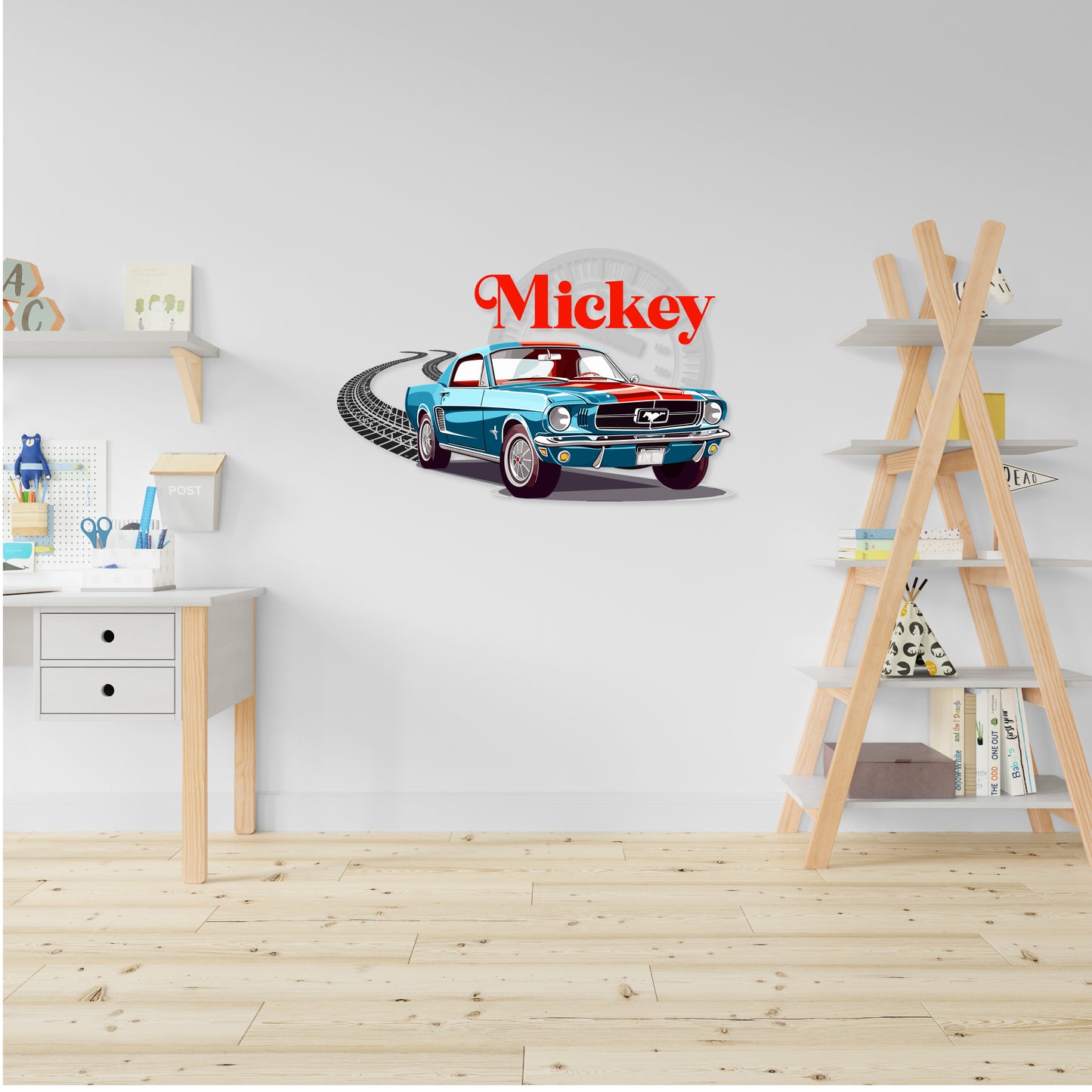 Custom Wall Decals - Custom Name Blue Mustang Wall Decal: Racing Through the Streets