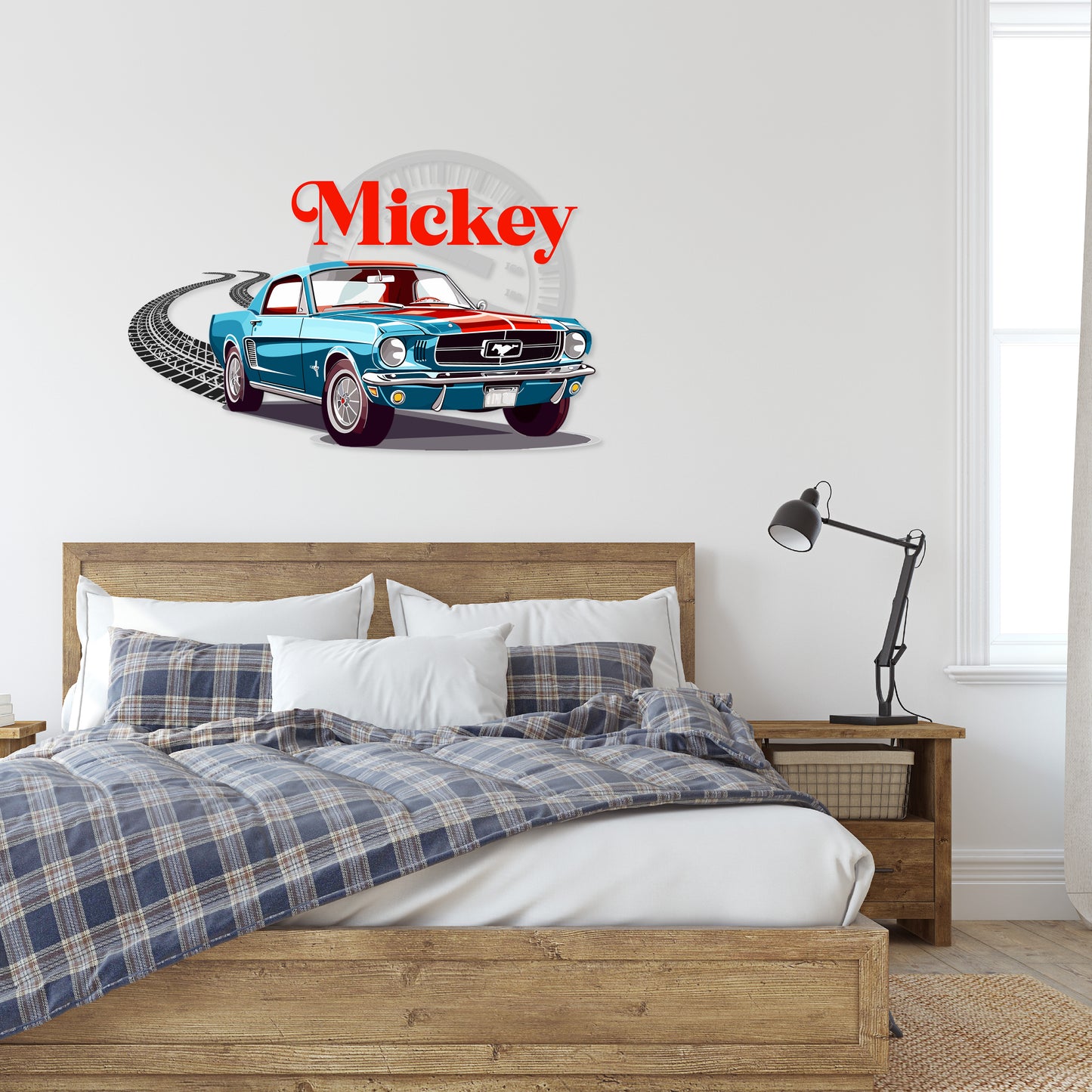 Custom Wall Decals - Custom Name Blue Mustang Wall Decal: Racing Through the Streets