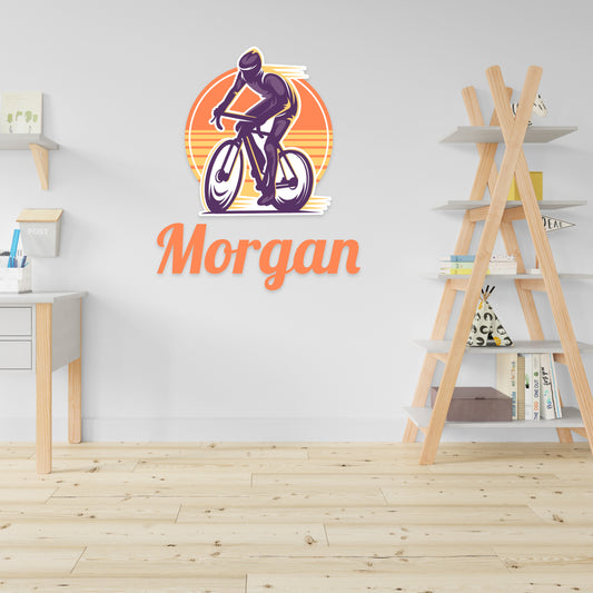 Custom Wall Decals - Custom Name Cyclist's Paradise Wall Decal: Cyclist Against a Sunny Background