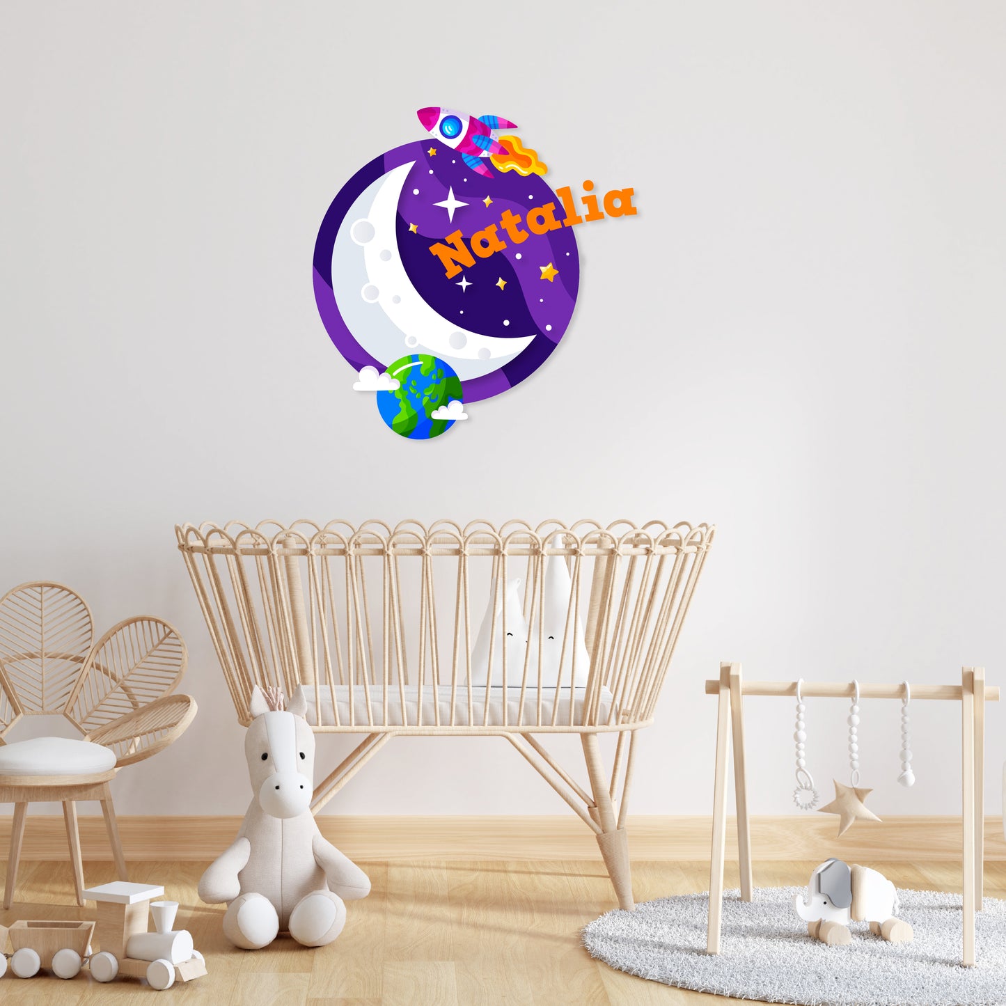 Custom Wall Decals - Custom Name Celestial Voyage Wall Decal: Moon, Space, Stars, Earth, Rocket