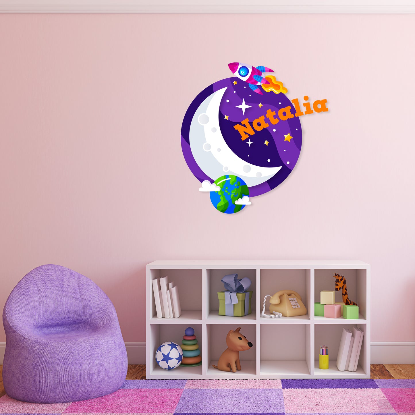 Custom Wall Decals - Custom Name Celestial Voyage Wall Decal: Moon, Space, Stars, Earth, Rocket