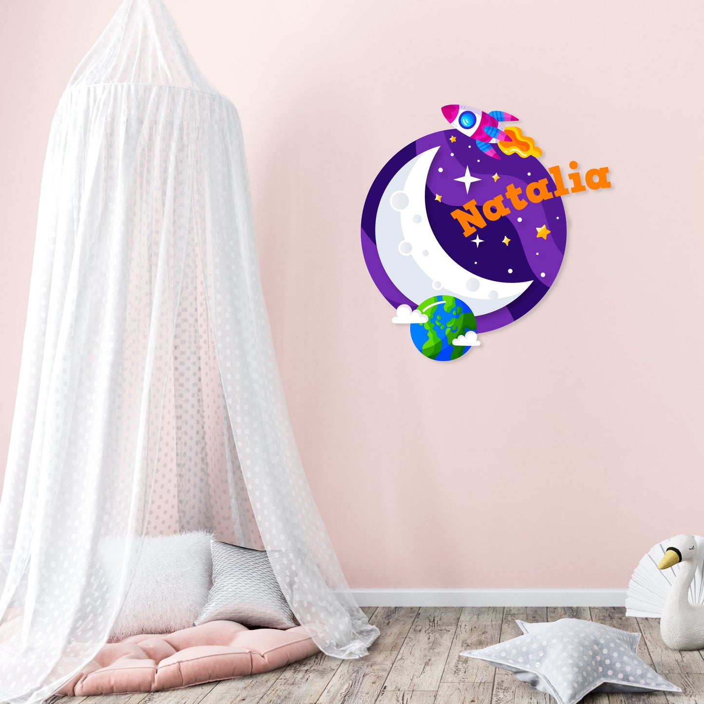 Custom Wall Decals - Custom Name Celestial Voyage Wall Decal: Moon, Space, Stars, Earth, Rocket