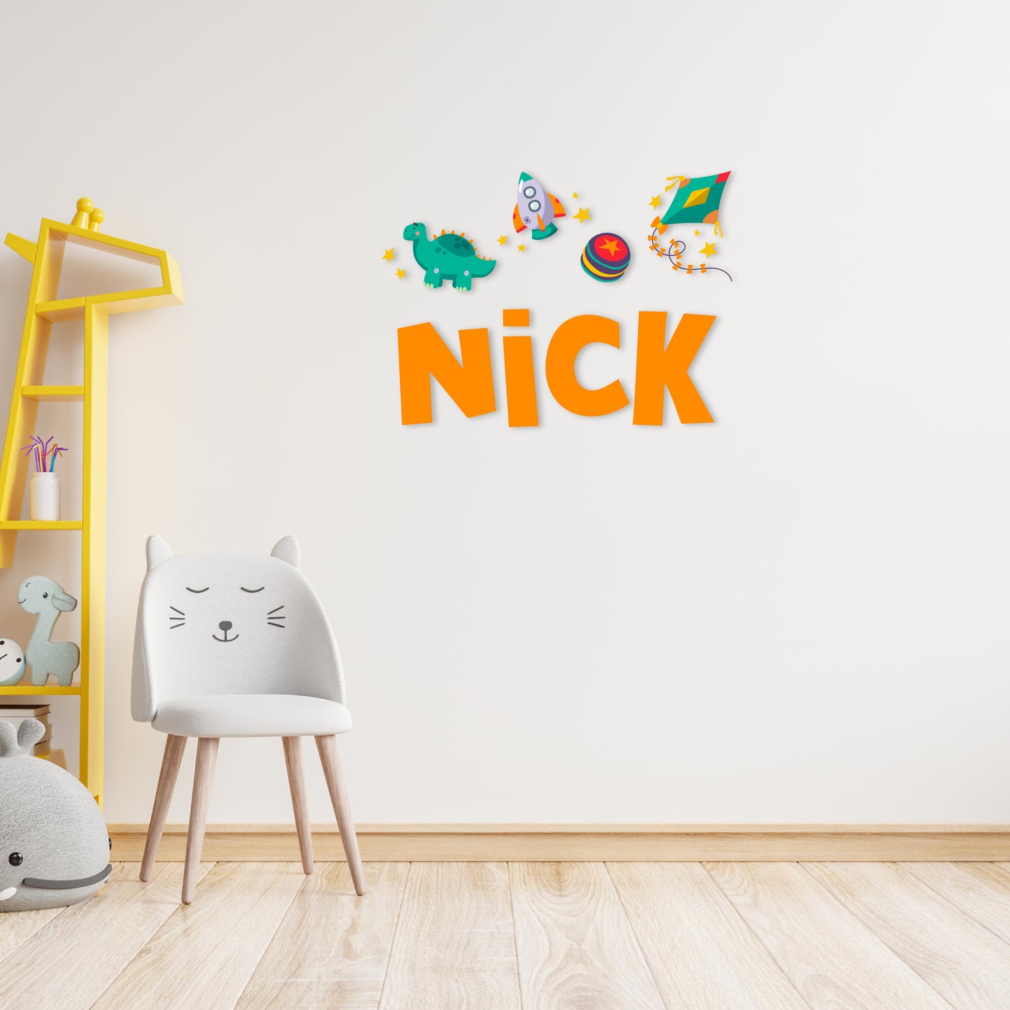 Custom Wall Decals - Custom Name Dino Adventures Wall Decal: Dinosaur, Rocket, Yo-Yo, Kite, Stars