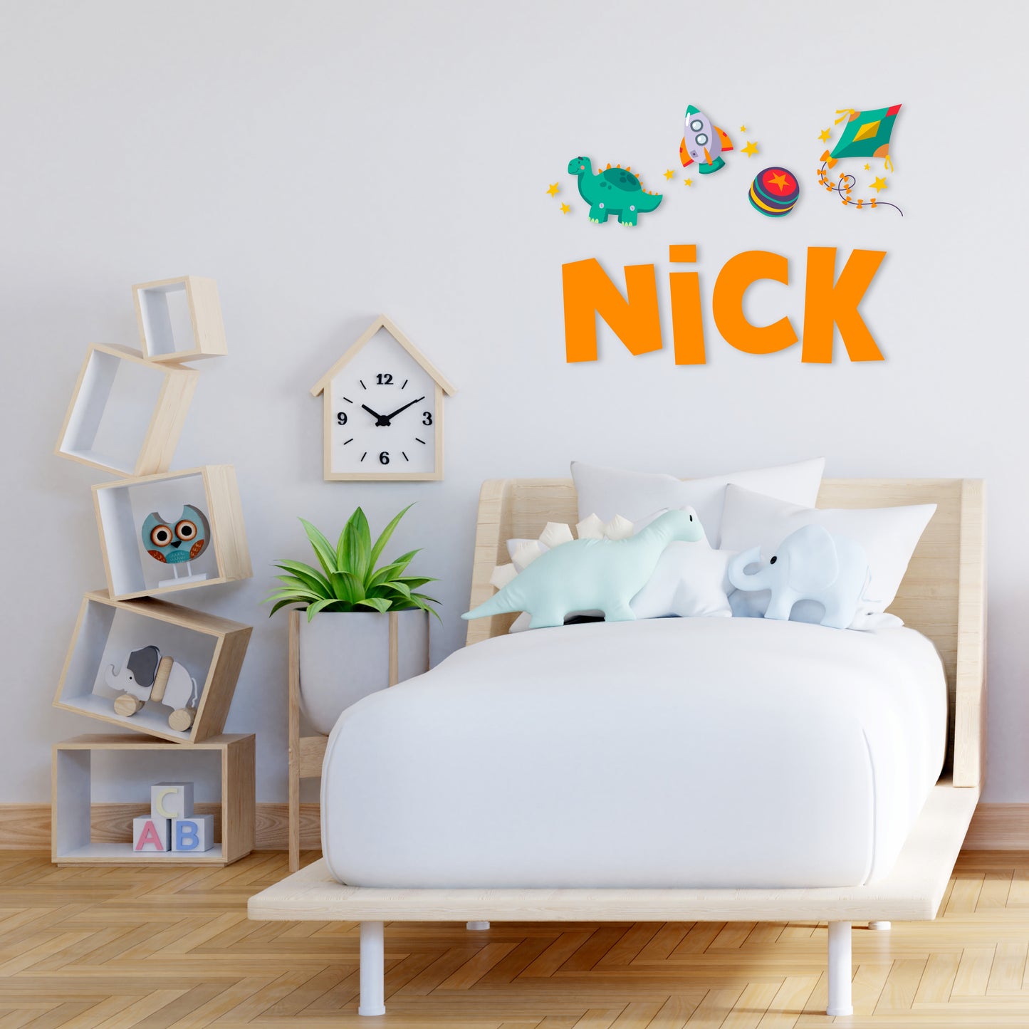 Custom Wall Decals - Custom Name Dino Adventures Wall Decal: Dinosaur, Rocket, Yo-Yo, Kite, Stars