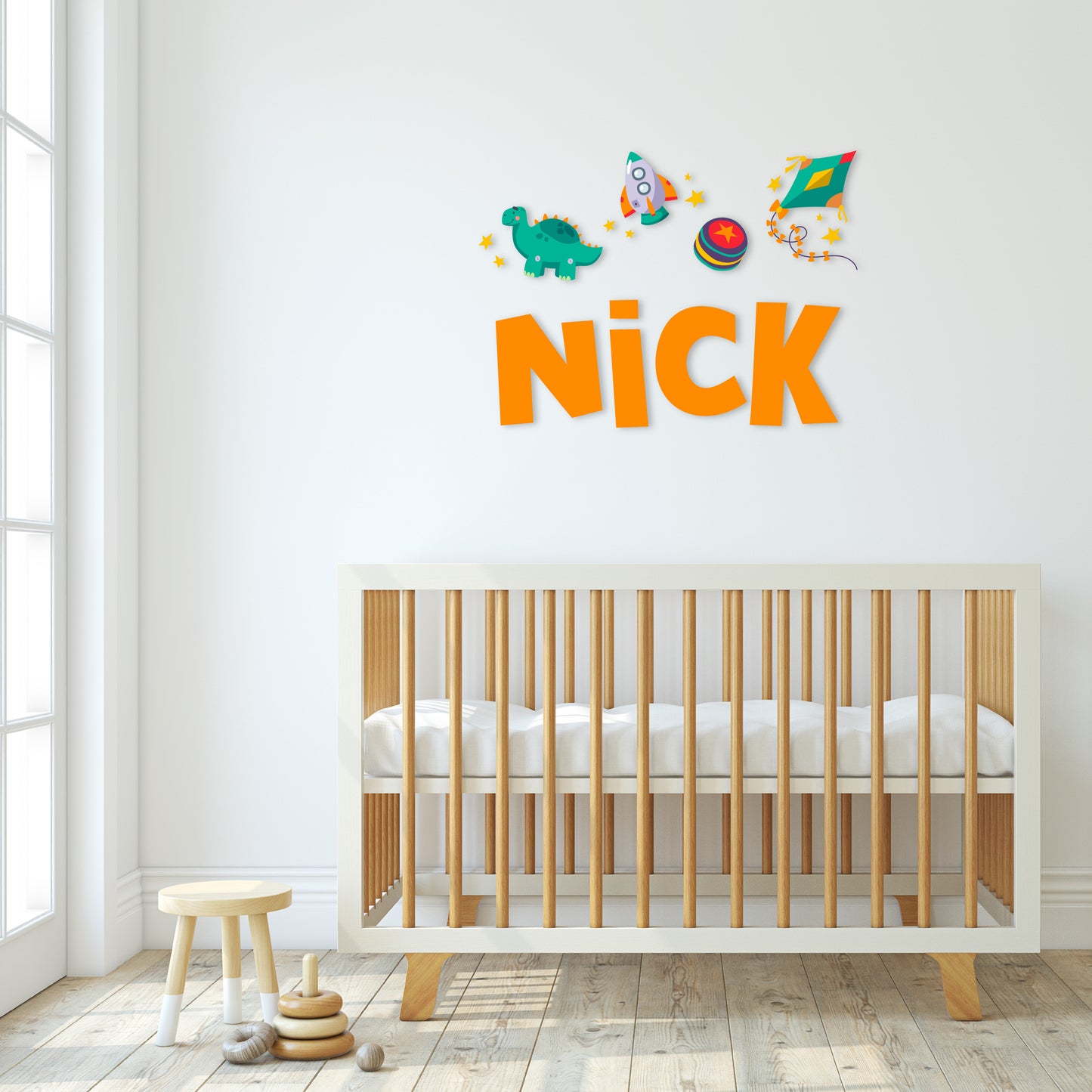 Custom Wall Decals - Custom Name Dino Adventures Wall Decal: Dinosaur, Rocket, Yo-Yo, Kite, Stars