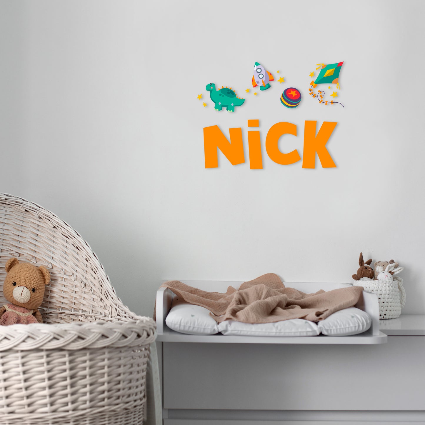 Custom Wall Decals - Custom Name Dino Adventures Wall Decal: Dinosaur, Rocket, Yo-Yo, Kite, Stars