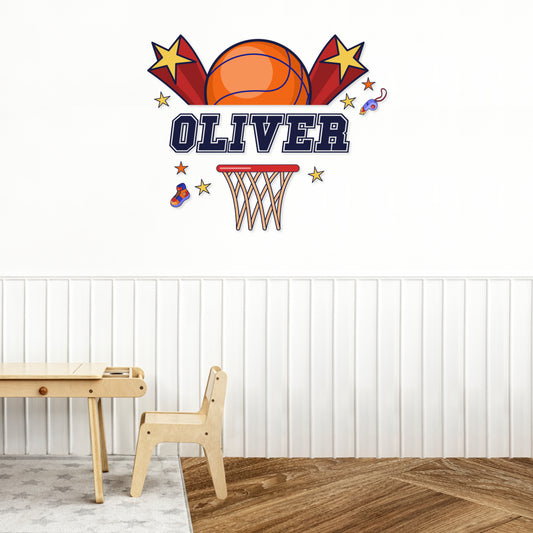 Custom Wall Decals - Custom Name Basketball Slam Wall Decal: Ball, Basketball Hoop, Sneakers, Whistle, Stars