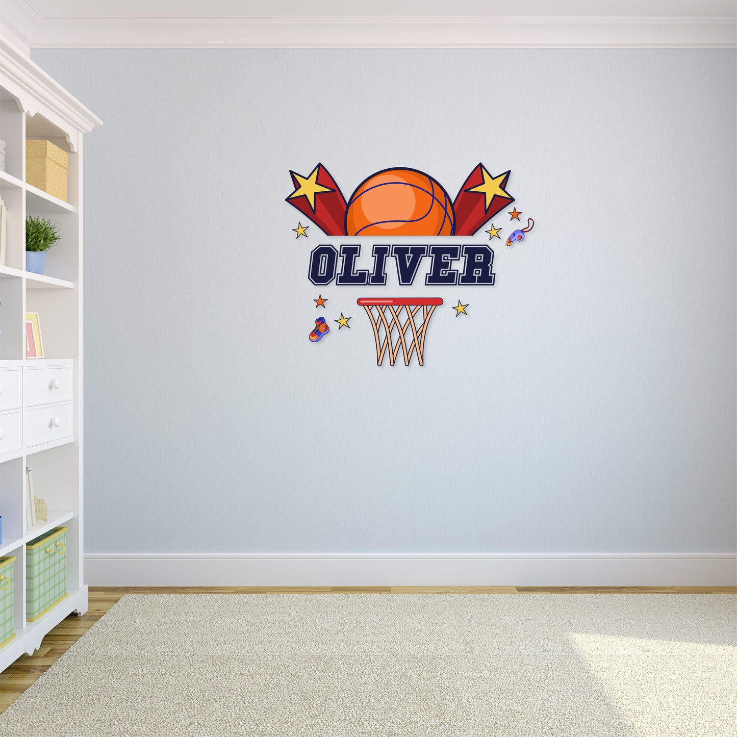 Custom Wall Decals - Custom Name Basketball Slam Wall Decal: Ball, Basketball Hoop, Sneakers, Whistle, Stars